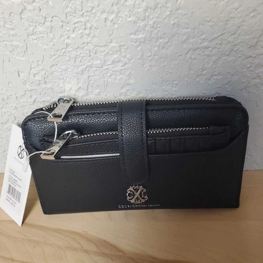 Christian Lacroix CLX Bryce Pebble ID Fold Zipper Wallet Wristlet Black NEW